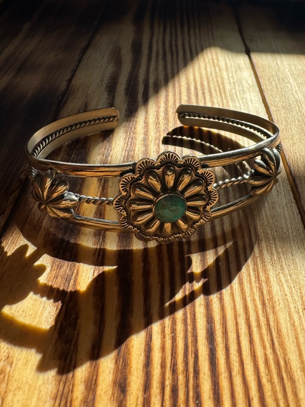 Silver Floral Bracelet with Turquoise Accent